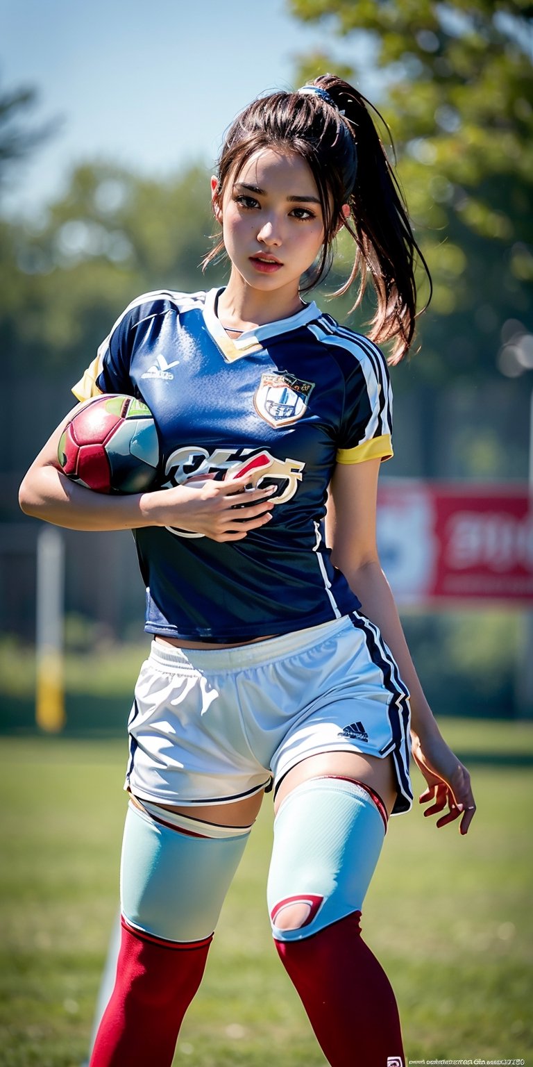 day scene, close up photo of sexy Indian as football player, micro  strapless top, football boots with high socks, breasts out - SeaArt AI