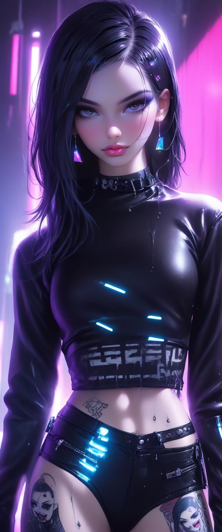 Highest image quality），（Super meticulous），（glowing light eyes），（Colorful  hair）（Background description：Sci-fi futuristic punk）（Description of the  clothes：Sexy royal sister fishing net clothing，Black silk lower  body）Biomechanical OPPAI