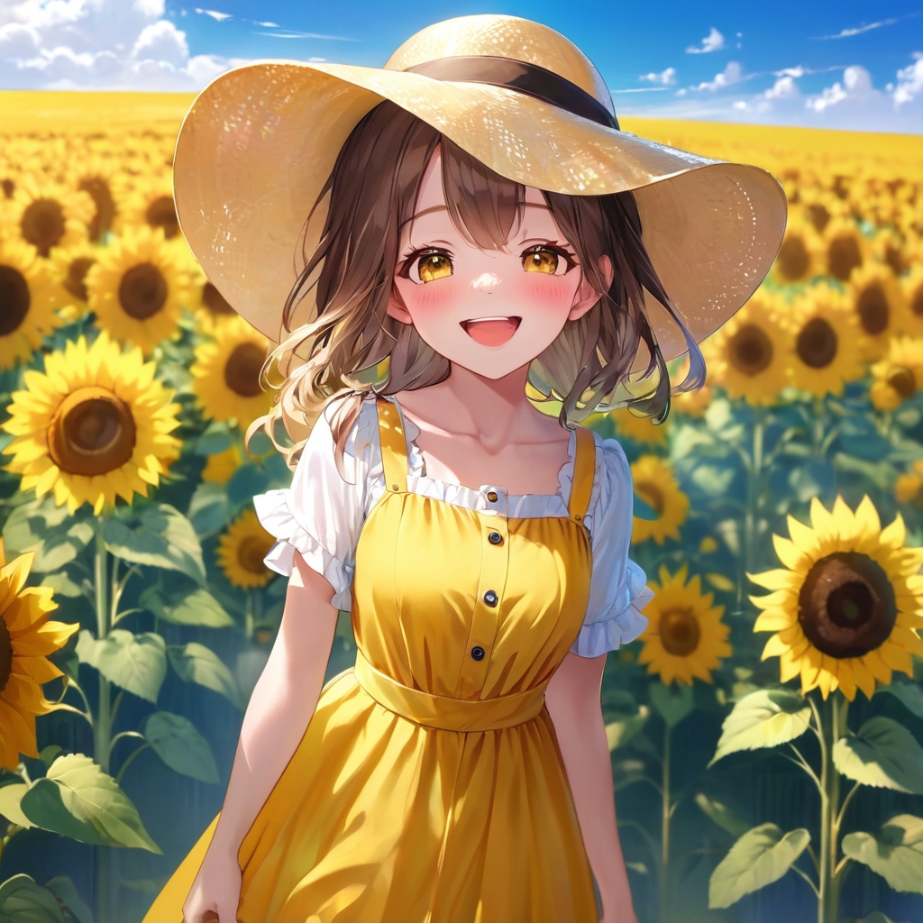 anime girl wearing straw hat holding a sunflower