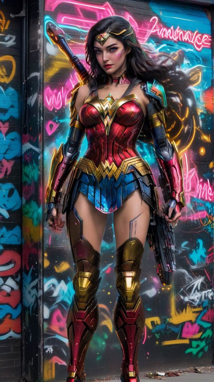 Generate AI art combining graffiti style with Cyberpunk Mecha Armor for Santa Wonder Woman. confident smile. Picture Wonder Woman adorned in a graffiti-inspired Santa suit, blending vibrant colors, bold patterns, and mecha armor elements. Imagine her holding a candy cane staff with a dynamic graffiti trail, and a holographic gift bag slung over her shoulder. Surround her with a cyberpunk cityscape, filled with graffiti-covered walls and neon lights. Utilize a mix of urban graffiti aesthetics, mecha armor details, and festive colors to create a visually striking and unique portrayal of Santa Wonder Woman in a cyberpunk world.,cyberpunk style,wonder-woman-xl,kwon-nara,cyberpunk,<lora:659095807385103906:1.0>