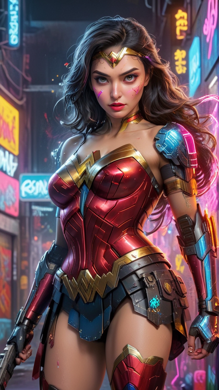 Generate AI art combining graffiti style with Cyberpunk Mecha Armor for Santa Wonder Woman. Picture Wonder Woman adorned in a graffiti-inspired Santa suit, blending vibrant colors, bold patterns, and mecha armor elements. Imagine her holding a candy cane staff with a dynamic graffiti trail, and a holographic gift bag slung over her shoulder. Surround her with a cyberpunk cityscape, filled with graffiti-covered walls and neon lights. Utilize a mix of urban graffiti aesthetics, mecha armor details, and festive colors to create a visually striking and unique portrayal of Santa Wonder Woman in a cyberpunk world.,cyberpunk style,wonder-woman-xl,kwon-nara,<lora:659095807385103906:1.0>