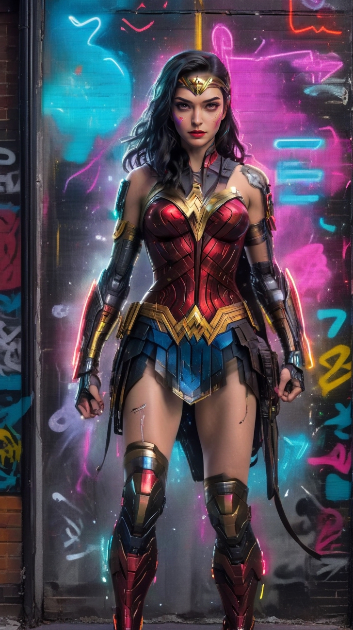 Generate AI art combining graffiti style with Cyberpunk Mecha Armor for Santa Wonder Woman. Picture Wonder Woman adorned in a graffiti-inspired Santa suit, blending vibrant colors, bold patterns, and mecha armor elements. Imagine her holding a candy cane staff with a dynamic graffiti trail, and a holographic gift bag slung over her shoulder. Surround her with a cyberpunk cityscape, filled with graffiti-covered walls and neon lights. Utilize a mix of urban graffiti aesthetics, mecha armor details, and festive colors to create a visually striking and unique portrayal of Santa Wonder Woman in a cyberpunk world.,cyberpunk style,wonder-woman-xl,kwon-nara,cyberpunk,<lora:659095807385103906:1.0>