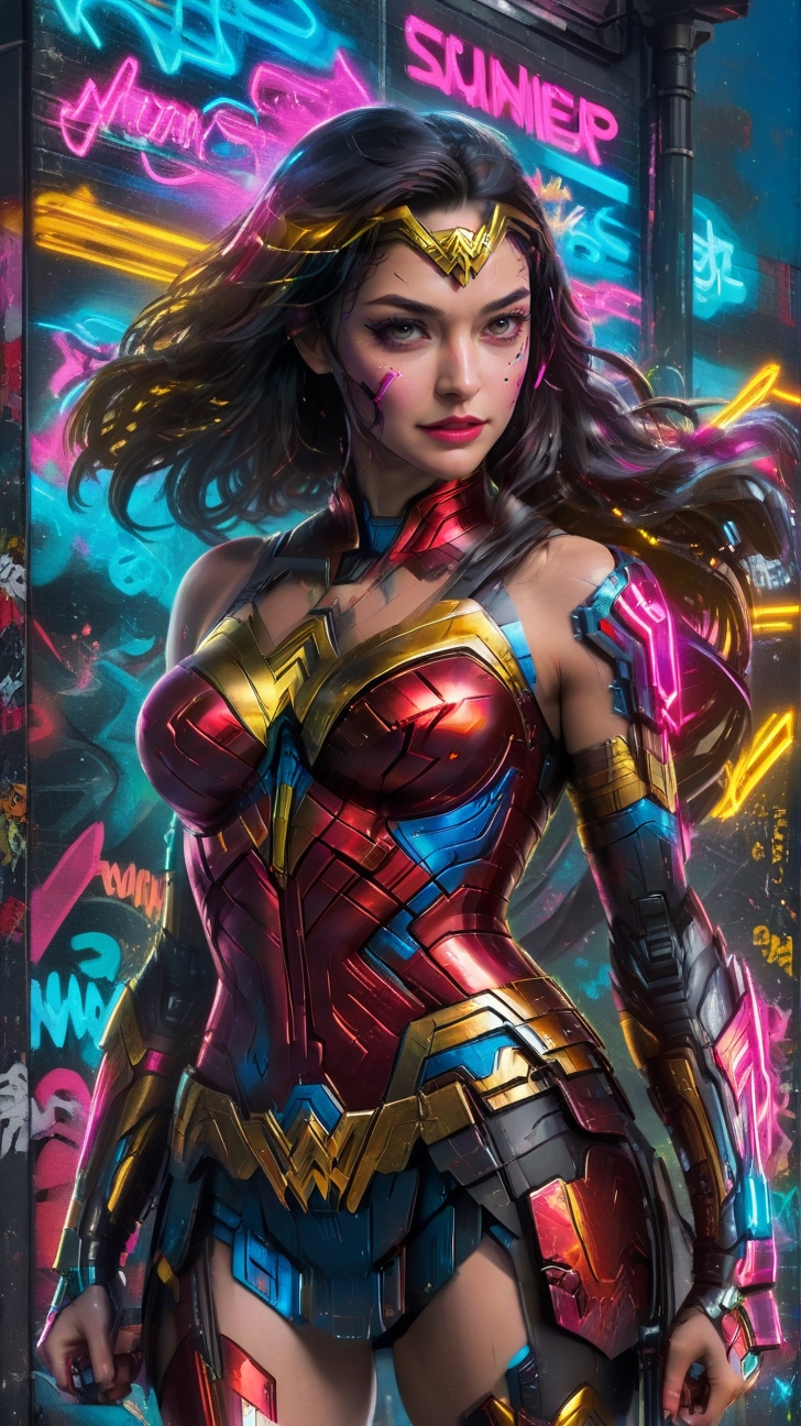 Generate AI art combining graffiti style with Cyberpunk Mecha Armor for Santa Wonder Woman. confident smile. Picture Wonder Woman adorned in a graffiti-inspired Santa suit, blending vibrant colors, bold patterns, and mecha armor elements. Imagine her holding a candy cane staff with a dynamic graffiti trail, and a holographic gift bag slung over her shoulder. Surround her with a cyberpunk cityscape, filled with graffiti-covered walls and neon lights. Utilize a mix of urban graffiti aesthetics, mecha armor details, and festive colors to create a visually striking and unique portrayal of Santa Wonder Woman in a cyberpunk world.,cyberpunk style,wonder-woman-xl,kwon-nara,cyberpunk,<lora:659095807385103906:1.0>