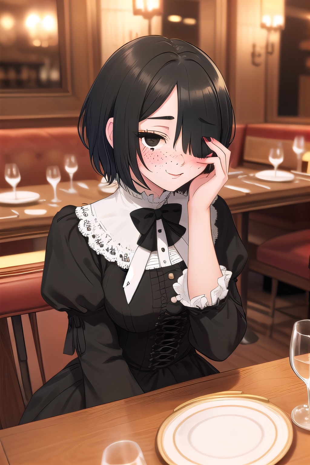 Anime gith femboy with short black hair, purple eyes, wearing a black latex  jacket, choker around neck, detailed face, outdoor cafe setting, sunny  evening on Craiyon