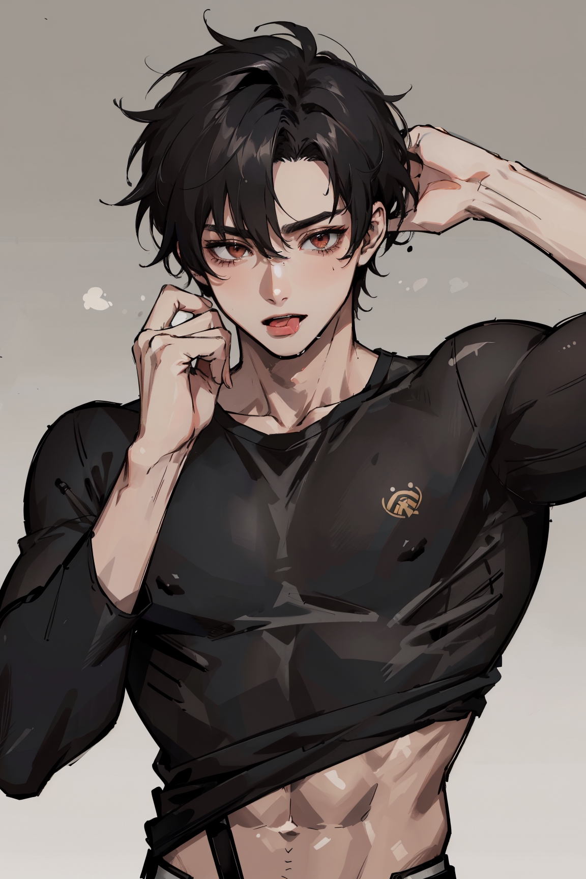 Psycho anime boy with black messy hair and brown eye