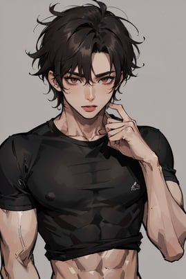 Psycho anime boy with black messy hair and brown eye