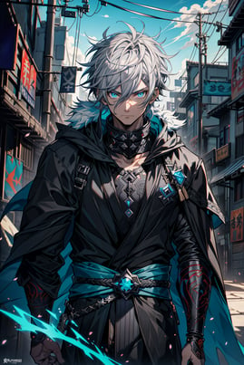 An teenage anime boy with white frosty hair, glowing blue eyes, a