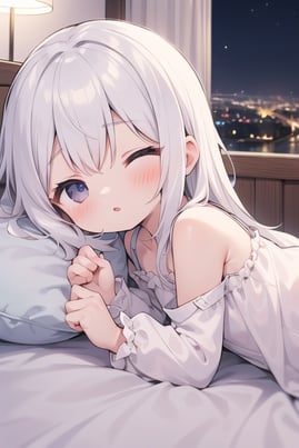 Cute Kawaii Anime Girl with Blue Eyes and White Hair Lies on the