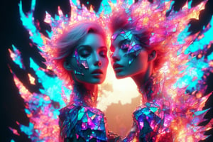 Fantasy Drawing, CGI, Female Model, Fragmented fractal glass flames, neon glow, vibrant colors