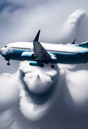 Boeing 737 flying above and through a cloud that looks like a Demon. 