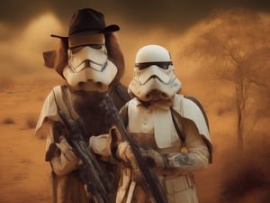 photo portrait of a stormtrooper dressed as Indiana jones on a safari in the savanna, rembrandt light, dramatic sky, exotic animals