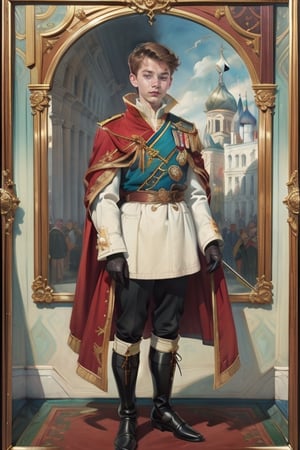 19yo Russian guy. (dark-wine Russian:Tabard, sword, cape, coat, leggings, high boots, leather gloves, royal insignia, embroidery, gold ornaments), lace, elegance, Renaissance style, vivid colors, distinctive uniform, status symbol, impeccable dress, nobility, gallant bearing. Versailles blurry landscape, Oilpainting, (National Art Romantic, Neo-Russian:0.9), Watercolor 
