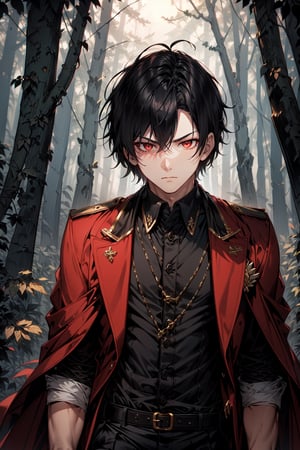 A boy wearing red coat elite school uniform, black hair, crimson color death gaze, fair skin, in a forest, cinematic lighting.
