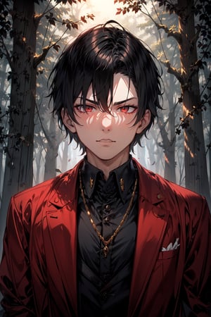 A boy wearing red coat elite school uniform, black hair, crimson color death gaze, fair skin, in a forest, cinematic lighting.