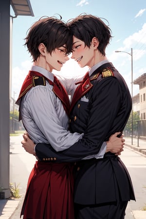 Two boys hugging each other, wearing fancy elite school uniform with red coats, smiling in a school yard