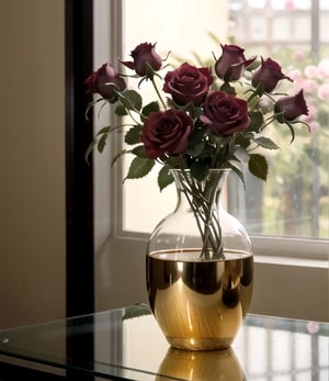 High-resolution 4K masterpiece with incredible details and vibrant colors. Style inspired by Realism, capturing the beauty of roses vividly and realistically. | A beautiful vase of roses gracefully rests atop a polished glass table, elegantly reflecting the flowers and their surroundings. The roses vary in shades of red, pink, and white, each displaying their soft and delicate petals. The vase is made of fine porcelain, with intricate golden patterns adding a touch of elegance to the composition. | The scene is composed at a slightly tilted angle, highlighting both the vase of roses and the glass table, while adding dynamism to the composition. The perspective is chosen to emphasize the beauty and fragility of the flowers. | Soft lighting, coming from a nearby window, bathes the roses in a golden glow, enhancing their colors and textures. The depth of field effect is used to gently blur the background, further highlighting the vase of roses as the focal point of the scene. | A beautiful vase of roses on top of a glass table, capturing the delicacy and beauty of the flowers in a realistic composition.