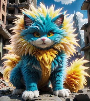 Masterpiece in 4K resolution, combining elements of anime style with a fusion of the dynamic energy from Dragon Ball. | In a devastated city, a standout figure emerges – an adorable cat transformed into a Super Saiyan. Its green eyes glow with determination and innocence as it exudes a fierce aura, with long hair flowing in the wind. The surrounding city lies in ruins, with destroyed buildings and debris flying, reflecting the impact of the Super Saiyan cat's power. | The pose is one of battle, with the Super Saiyan cat adopting a powerful stance, front paws raised, and tail bristling, ready to face any challenge. Its innocent gaze contrasts with the intensity of the surrounding aura. | The composition highlights the cat in the center of the scene, with the destroyed city in the background, creating an epic and thrilling atmosphere. The dynamic perspective emphasizes the magnitude of the moment, while light effects accentuate the cat's transformation into a Super Saiyan. | An extraordinary scene capturing the adorableness of the cat, now infused with the fierce energy of a Super Saiyan, facing destruction in a determined fighting pose. | {The camera is positioned at a dynamic angle, capturing the full glory of the scene, showcasing the determination in the innocent eyes of the Super Saiyan cat, surrounded by the chaos of the destroyed city.} | It is adopting (((dynamic_pose as fights, with front paws raised and tail bristling))), ((dynamic_pose):1.3), ((intense_expression)), ((perfect_pose)), ((perfect_pose):1.5), (((full body))), ((well_defined_face, ultra_detailed_face, well_defined_eyes, ultra_detailed_eyes)), ((perfect_finger, perfect_hand)), ((More Detail)), powerful_aura, destroyed_city.