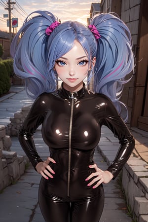 (masterpiece),  1girl,  best quality,  expressive eyes,  perfect face,  large breasts,  (young woman),  mega twintails,  (light purple hair BREAK) blue eyes BREAK mega twintails, outdoors, streets, sunset sky, latex bodysuit, smirk, hands on hips 