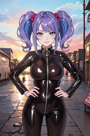 (masterpiece),  1girl,  best quality,  expressive eyes,  perfect face,  large breasts,  (young woman),  mega twintails,  (light purple hair BREAK) blue eyes BREAK mega twintails, outdoors, streets, sunset sky, latex bodysuit, purple suit, smirk, hands on hips 