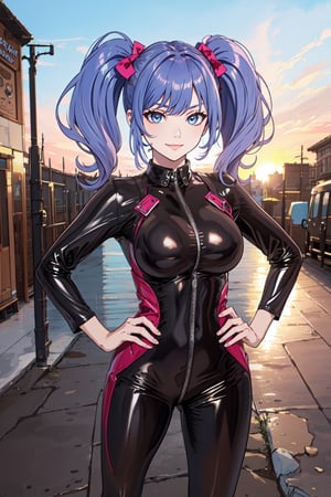 (masterpiece),  1girl,  best quality,  expressive eyes,  perfect face,  large breasts,  (young woman),  mega twintails,  (light purple hair BREAK) blue eyes BREAK mega twintails, outdoors, streets, sunset sky, latex bodysuit, purple suit, smirk, hands on hips 