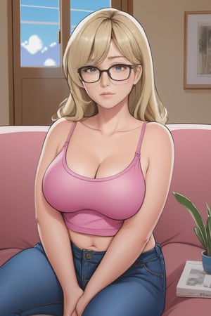 Very detailed illustration in anime style of an adult woman, a blonde wearing a pink camisole milf in living room, shy wooman blushing at viewer, denim pants, pov, extremely detailed face, (very detailed hair), mature female, 1girl, blonde hair, long hair, black glasses, round glasses, blue eyes, hair between eyes, huge breasts, sweat, shy, sidelocks, hair on breasts, hair on shoulder, chubby female, livingroom, indoors, bangs, blush, milf, plump, solo focus, heavy breathing, embarassed, curvy, pixiv, high contrast, flat colors, cel shaded,