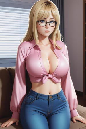 Very detailed illustration in anime style of an adult woman, a blonde wearing a pink blouse milf in living room, shy wooman blushing at viewer, denim pants, pov, extremely detailed face, (very detailed hair), mature female, 1girl, blonde hair, long hair, black glasses, round glasses, blue eyes, hair between eyes, huge breasts, sweat, shy, sidelocks, hair on breasts, hair on shoulder, chubby female, livingroom, indoors, bangs, blush, milf, plump, solo focus, heavy breathing, embarassed, curvy, pixiv, high contrast, flat colors, cel shaded, bra peek under clothes