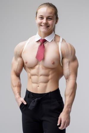  13 year old marion jones, , heavily muscled female bodybuilder , masterpiece, best quality, vpl, button up shirt and tie, risque, smirk, biceps, leaning back ,VPL,heart hands,kiss,Enhance,bulge,photorealistic