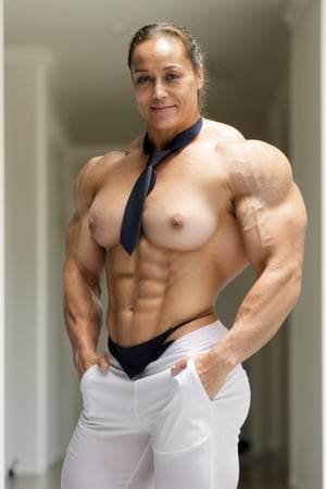 marion jones, , heavily muscled female bodybuilder , masterpiece, best quality, vpl, button up shirt and tie, risque, smirk, biceps, leaning back ,VPL,heart hands,kiss,Enhance,bulge,photorealistic