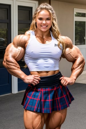  A heavily muscled iffb pro female bodybuilder,  12 year old ronda rousey,  Jowowha Womens School Uniform Cosplay Set Short Sleeve Shirt with Thie and Plaid Skirt Fancy Dress Cosplay Costume, one hand on hip,fmg