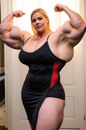 A large thick girl ,   wide hips, wide waist,  wide shoulders,  large torso ,  muscular biceps ,  Generate a full length  portrait of an overweight fat Velma,  valerie adams,  Mara Venier,  Alice Eve, generate a full length fashion portrait of a heavily muscled iff pro female bodybuilder,  humongous breasts,   her makeup, hair, she is dressed in very tight ( solid one shoulder dress, sexy sleeveless Bodycon bag hip party club dress )     elegance, lighting, environment