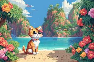 PIXEL ART,A CUTE CAT DESCENT AIRPLANE DESCENT, FLOWERS NECKLACE, FLOWERS HAT,ROUND SUNGLASS,BACKGROUND HAWAI ISLAND,funny picture, cute picture,(best quality:1.1), (masterpiece:1.2),beautiful detailed, (high detailed skin, skin details), (wide_landscape, 8k), beautiful face, detailed eyes, depth of field, best quality, highres,best illumination,Xxmix_Catecat,cat,pixel art,pixel