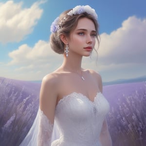 masterpiece, 1 girl, Look at me, Beautiful, Light makeup, Wearing a white wedding dress, Head yarn, Diamond Earrings, Outdoor, Light blue sky, Clouds, Lavender flower field, textured skin, super detail, best quality,AngelicStyle