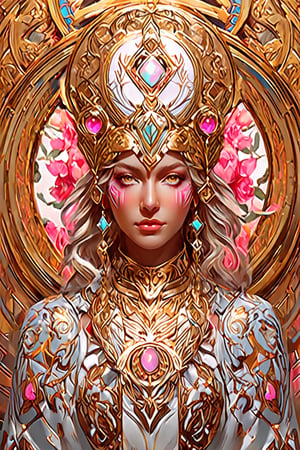 snthwve style nvinkpunk (symmetry:1.1) (portrait of floral:1.05) a woman as a beautiful goddess, (assassins creed style:0.8), pink and gold and opal color scheme, beautiful intricate filegrid facepaint, intricate, elegant, highly detailed, digital painting, artstation, concept art, smooth, sharp focus, illustration, art by greg rutkowski and alphonse mucha, 8k