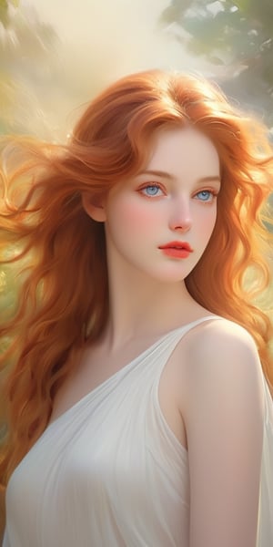 (best quality,4k,8k,highres,masterpiece:1.2),ultra-detailed,(realistic,photorealistic,photo-realistic:1.37),A 21-year-old redhead Greek goddess,beautiful detailed eyes,beautiful detailed lips,extremely detailed eyes and face,longeyelashes,[red hair],elegant and graceful, (Greek mythology:1.1), immortal beauty,[golden jewelry],[flowing white dress],standing in a lush garden,filled with vibrant flowers,sunlight casting a warm glow,soft breeze blowing through her hair (with an ethereal glow), (portrait)[,oil painting,emphasizing brush strokes],vivid colors,(with a touch of surrealism:0.9),subtle golden lighting:0.9, gentle shadows, creating a mesmerizing atmosphere