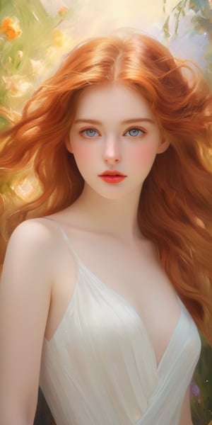 (best quality,4k,8k,highres,masterpiece:1.2),ultra-detailed,(realistic,photorealistic,photo-realistic:1.37),A 21-year-old redhead Greek goddess,beautiful detailed eyes,beautiful detailed lips,extremely detailed eyes and face,longeyelashes,[red hair],elegant and graceful, (Greek mythology:1.1), immortal beauty,[golden jewelry],[flowing white dress],standing in a lush garden,filled with vibrant flowers,sunlight casting a warm glow,soft breeze blowing through her hair (with an ethereal glow), (portrait)[,oil painting,emphasizing brush strokes],vivid colors,(with a touch of surrealism:0.9),subtle golden lighting:0.9, gentle shadows, creating a mesmerizing atmosphere