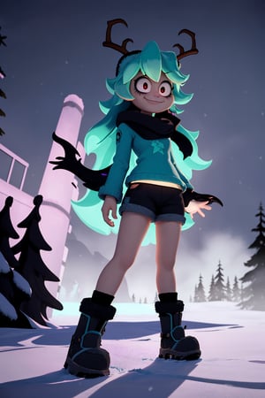best quality, 1girl, long cyan hair, white antlers, red eyes, smile, closed mouth, sweater, cyan clothing, gray shorts, black boots, standing, forest, snow, winter, dark night, dark sky, looking_at_viewer, full_body, (cinematic lighting), SpoopyStories,(front view:1.5),(establishing shot:1.5)
