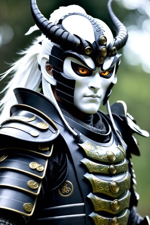 Unsplash by Karol Bak, luis royo, Peter Mohrbacher, Derrick Che, (realistic samurai shogun:1.3), (dark matte grey dragon armour:1.3), oni mask, (white eyes:1.4), Extremely Realistic, cinematic moviemaker style, 