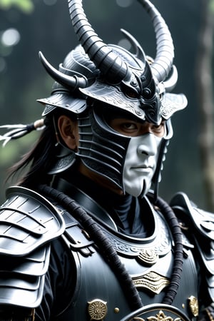 Unsplash by Karol Bak, luis royo, Peter Mohrbacher, Derrick Che, (realistic samurai shogun:1.3), (dark matte grey dragon armour:1.3), oni mask, white eyes, Extremely Realistic, cinematic moviemaker style, 