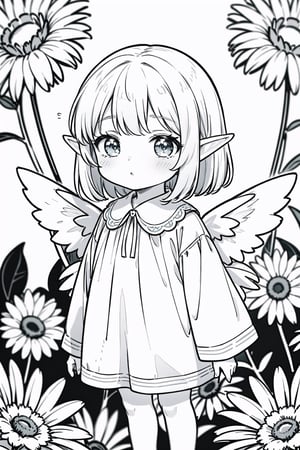 A charming forest elf, her wings as thin as parchment, amidst a dazzling array of daisies., white background (masterpiece, best quality, super detailed, high quality, resolution, highly detailed, textured skin), AGE REGRESSION, oversized clothes, cuteloli, CHILD,line anime,LINEART