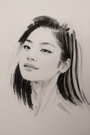 black and white, ink drawing, a girl portrait, long parted hair falling to the sides of face, looking forward, chinese eyes, sketch, monochrome