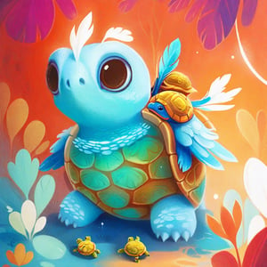 Yarothis is a Dream Creature, Like a turtle, possesses a shell composed of plate-like scutes, Like a bird four appendages are wings made of turquoise and white feathers, and its head has a bird-like beak, masterpiece, best quality