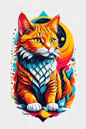artwork of t-shirt graphic design, flat design of one retro ,retro cat ,colorfull shades, highly detailed clean, vector image, photorealistic masterpiece, professional photography, simple moon backdrop , flat white background, isometric, vibrant vector((white background))