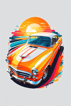 artwork of t-shirt graphic design, flat design of one retro ,retro car ,colorfull shades, highly detailed clean, vector image, photorealistic masterpiece, professional photography, simple sunrise backdrop , flat white background, isometric, vibrant vector((white background))