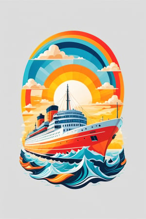artwork of t-shirt graphic design, flat design of one retro ,retro ferry ship without sails ,colorfull shades, highly detailed clean, vector image, photorealistic masterpiece, professional photography, simple sunrise backdrop , flat white background, isometric, vibrant vector((white background))