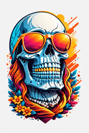 artwork of t-shirt graphic design, flat design of one retro ,retro skeleton ,colorfull shades, highly detailed clean, vector image, photorealistic masterpiece, professional photography, simple sunrise backdrop , flat white background, isometric, vibrant vector((white background))