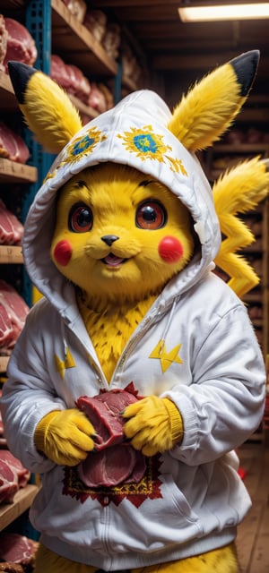 Furry yellow Pikachu dressed in a white hoody with Ukrainian ethnic ornament, dark cozy meat warehouse with shelves and meat background, 8k uhd, dslr, masterpiece photoshoot