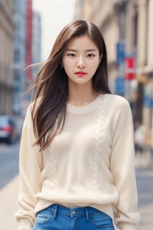 masterpiece, high-quality realistic photo, high resolution photo, high-quality, 8K, natural and soft lighting, high contrast, sharp-focus, upper-body, (detailed face:1.1), in the city,
beautiful-korean-1girl, fair smooth skin, long hair, hair blowing in the wind, dull bangs, red lips, small breasts, small earing,                                                                                    
(white sweater, jeans),Realism,Detailedface,Masterpiece