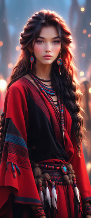 (best quality, 4k, highres, masterpiece:1.2), ultra-detailed, indigenous girl, red black harness, feathers in long dread hair, high heels boots, accessories on arm, beautiful detailed eyes, beautiful detailed lips, ethnic clothing, traditional patterns, graceful posture, subtle smile, vibrant colors, bokeh lighting, portraits
,goyoonjung
