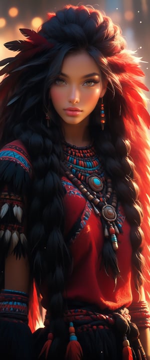 (best quality, 4k, highres, masterpiece:1.2), ultra-detailed, indigenous girl, red black harness, feathers in long dread hair, high heels boots, accessories on arm, beautiful detailed eyes, beautiful detailed lips, ethnic clothing, traditional patterns, graceful posture, subtle smile, vibrant colors, bokeh lighting, portraits
