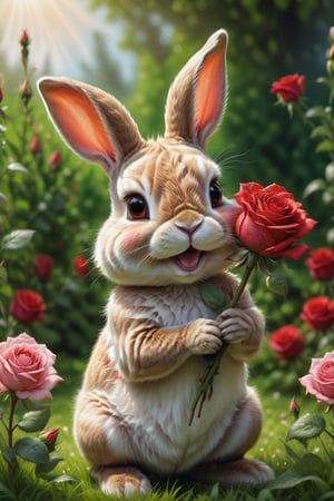"Produce a super realistic painting in the classic painting style featuring close-up of an cute smiling bunny on green grass and holding a red rose with her hands for valentine day, warm and pleasant soft lighting, amazing sun, amazing depth of field, high detail, perfect accuracy, perfect composition. Ensure the image radiates high-quality details, capturing the essence of a whimsical and cute fluffy cute bunny holding a rose in a rose garden."